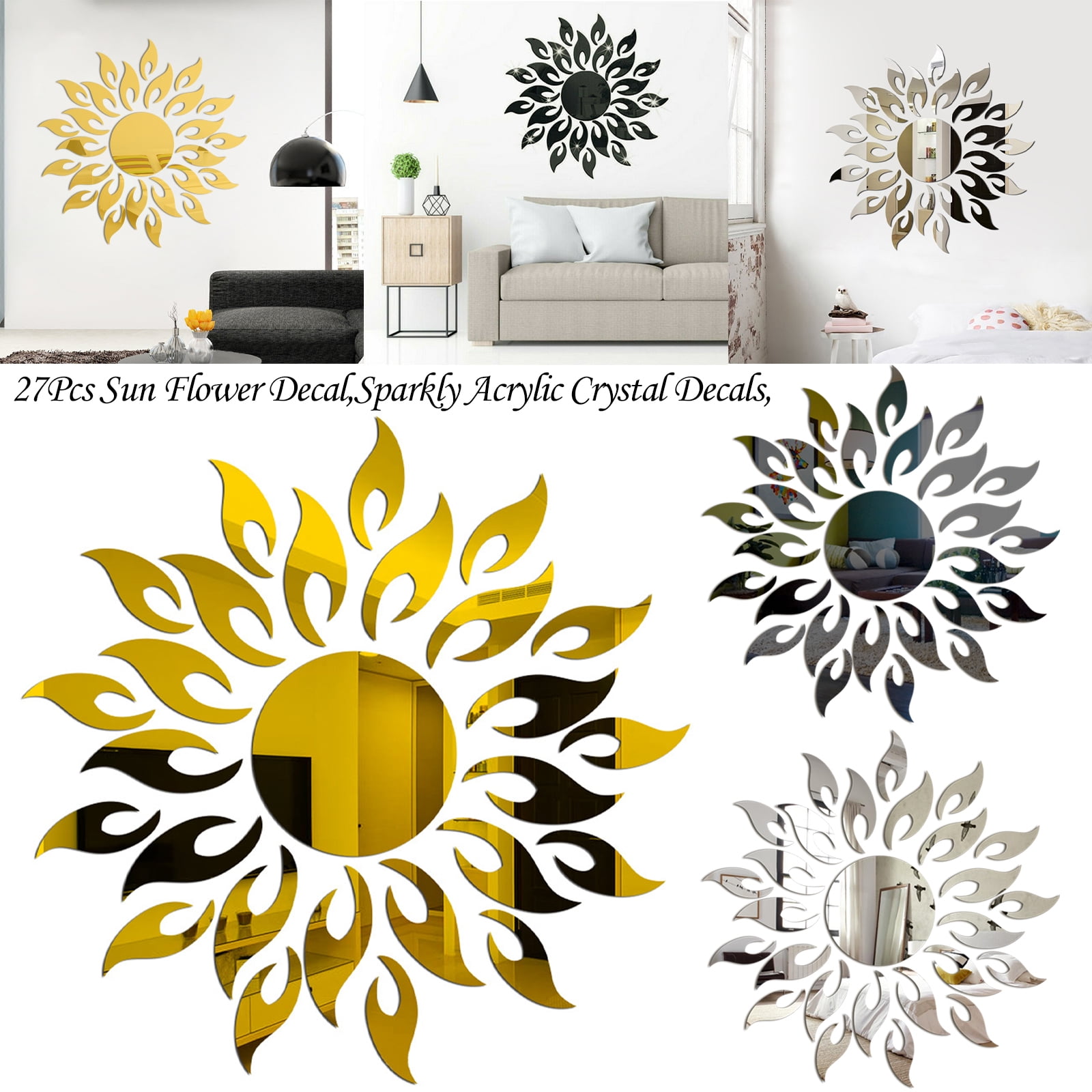 Details about  / 3D Mirror Sun Flower Art Wall Sticker Self-adhesive Dining Room Bedroom Decor