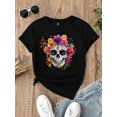 thumbnail image 1 of Casual Minimalist Skull & Flower Graphic Print Round Neck Short Sleeve Fitted Women T-Shirt, For Summer Suitable For Halloween, 1 of 7