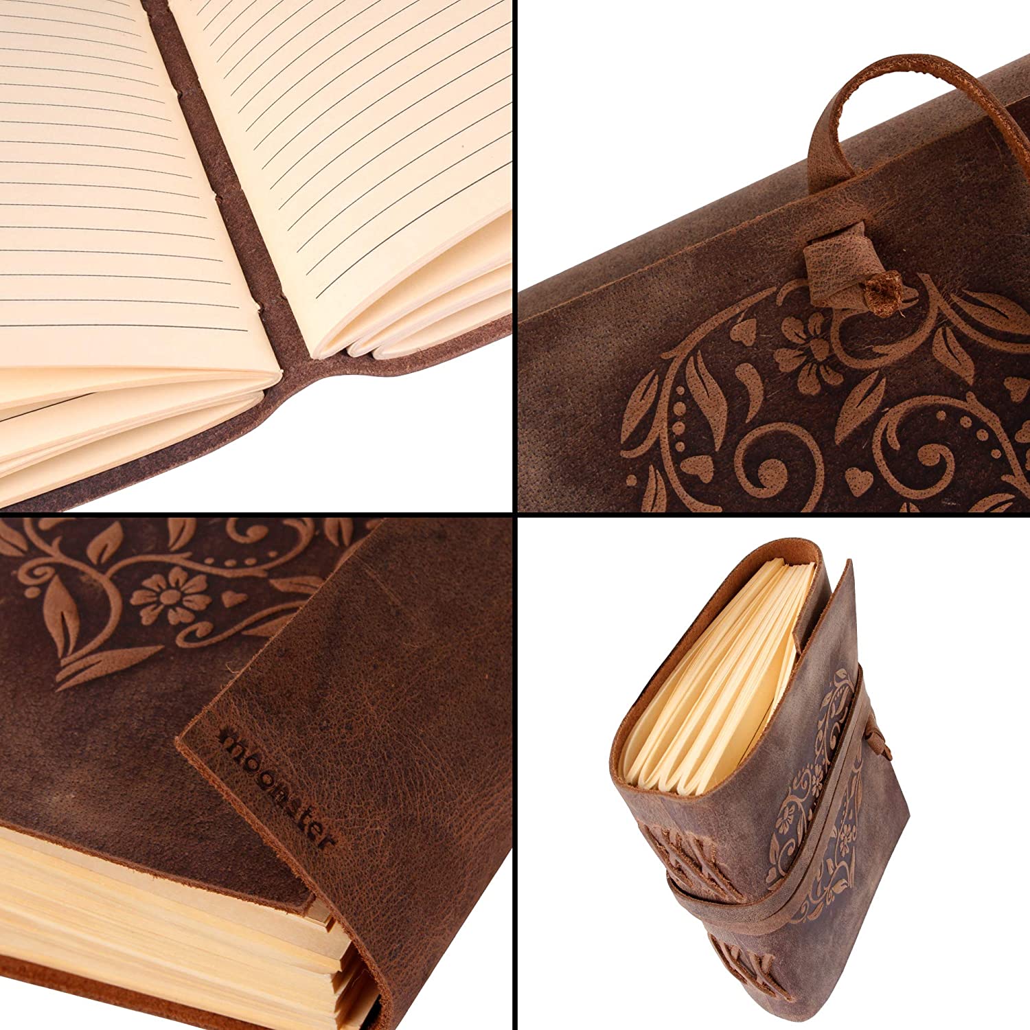 Leather Journal Lined Notebook - Journal for Women with Embossed Heart Shape, 8x6″ Ruled Small Notebooks, Kraft Paper - 400 pages Lined Paper College Ruled - Inspirational gift for women MOONSTER