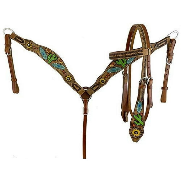 Showman Leather Headstall & Breast Collar Set w/ Hand Painted Sunflower & Cactus Design