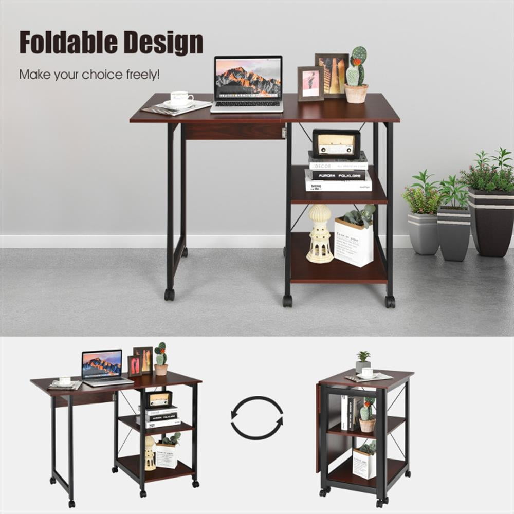 Demi Bonn Folding Writing Office Desk with Storage Shelves, Small Home Computer Desk Study Gaming Table, Brown