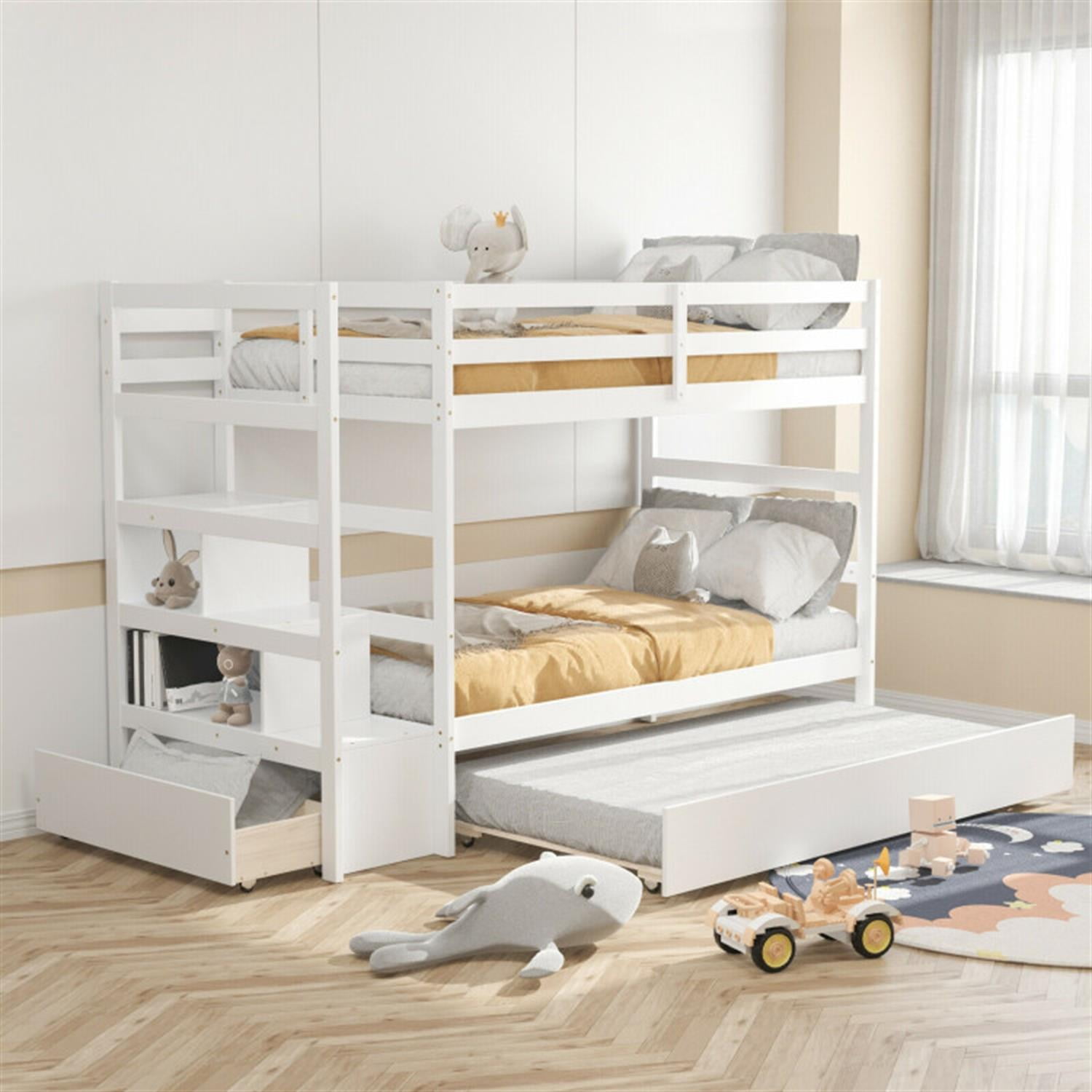 Demi Bonn Twin Pull-Out Bunk Beds with Ladder in the Steps and a Trundle, Bunk Bed Platform with Storage Shelf and Drawer, White
