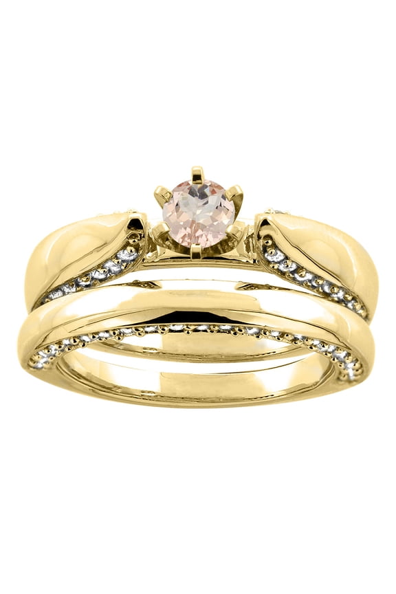 14K Yellow Gold Natural Morganite 2-piece Bridal Ring Set Diamond Accents Round 5mm, size 6
