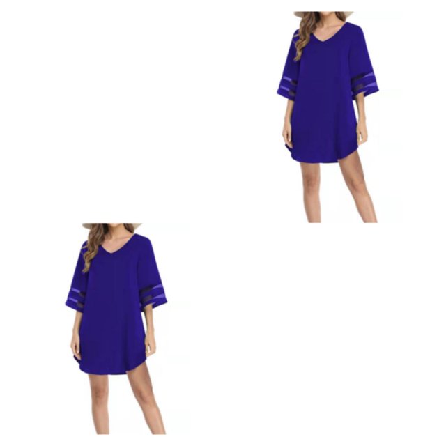 Qarigey Vestido informal para mujer, a la moda, con mangas acampanadas, suelto, acampanado, túnica, cuello en V, vestidos de playa, , Azul oscuro METRO 2Conjunto