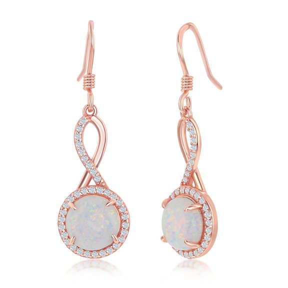 iJewelry2 Rose Gold Plated Sterling Silver Infinity Design Halo Set CZ Round White Opal Dangling Earrings