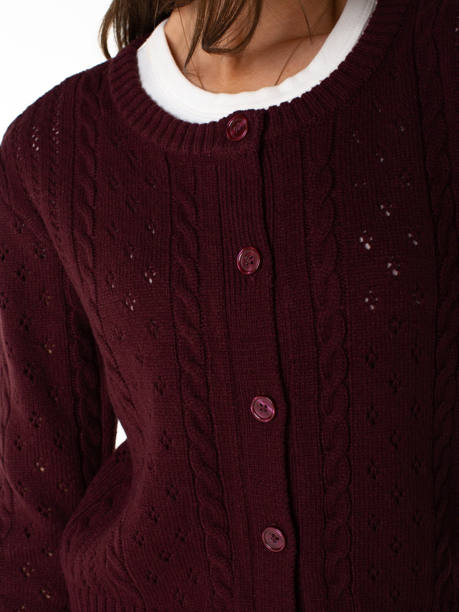 Celebrity Pink Women's Pointelle Crew Neck Cardigan Sweater, Sizes XS-4X