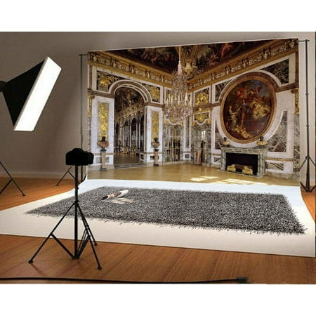 Image of GreenDecor 7x5ft Photography Backdrop Church Luxury Golden Palace Droplight Mural Painting Fireplace Marble Floor Interior Background Baby Kids Lover Photo Studio Props