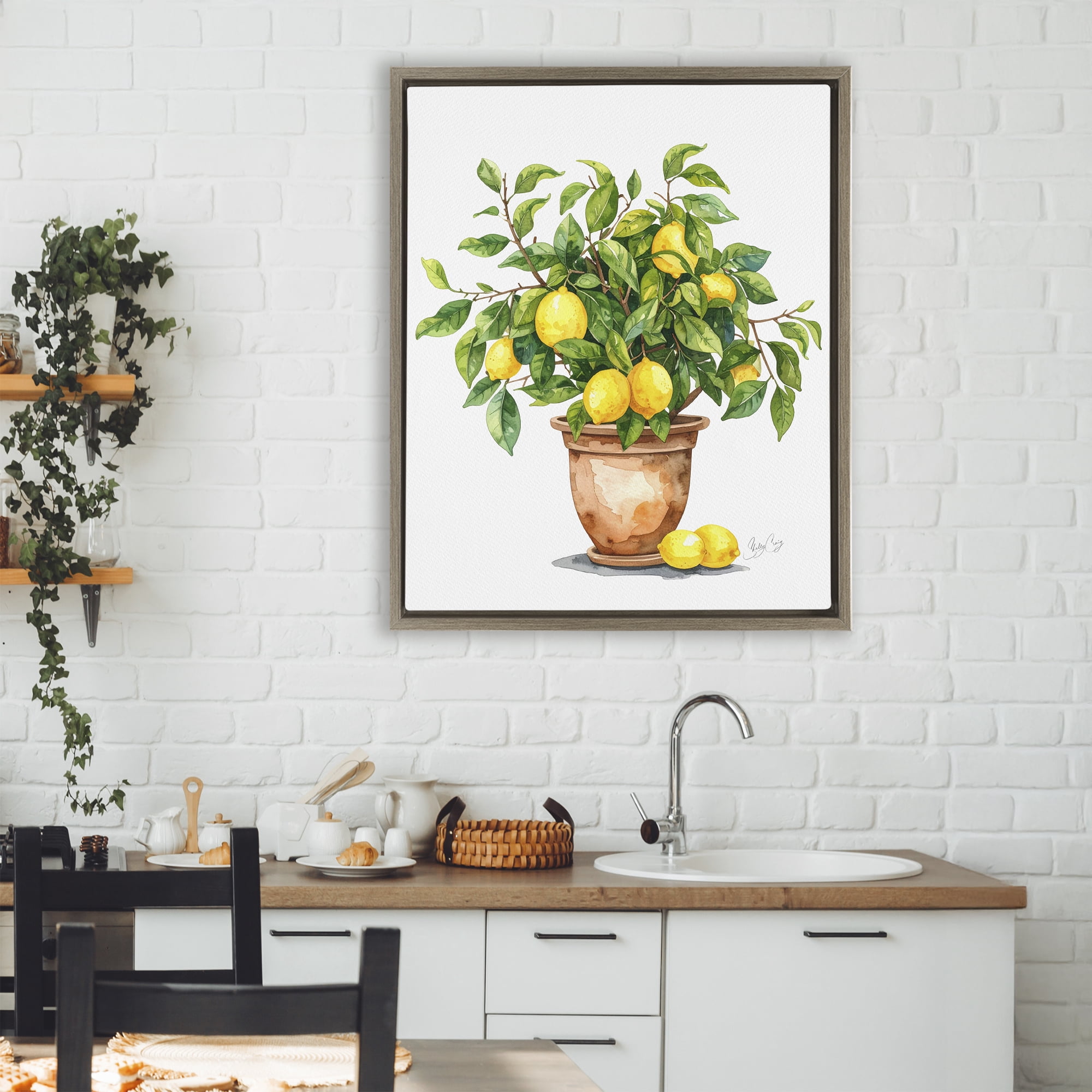 Stupell Industries Potted Lemon Tree Brown Framed Floater Canvas Wall Art, design by Shelly Craig