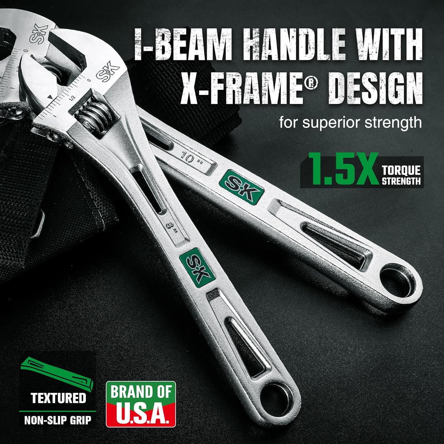 SK 3-Piece Adjustable Wrench Set, 6-Inch, 8-Inch, 10-Inch, Cr-V Steel, SAE & Metric Scales