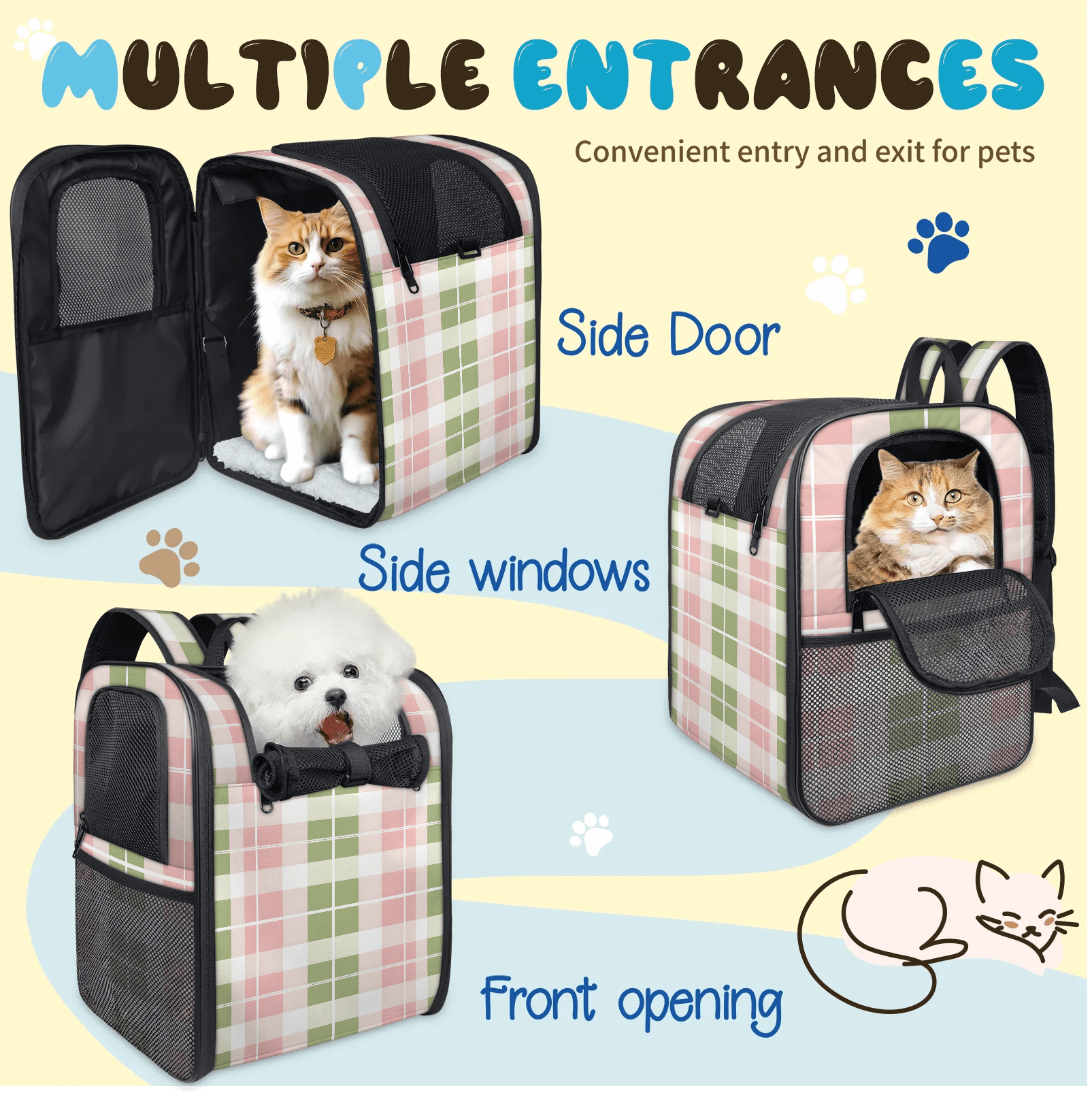 Cat Backpack Carrier, Breathable Pet Carrier Backpack for Small Animals,Pink Green Plaid, for Outdoors,Travel, Hiking