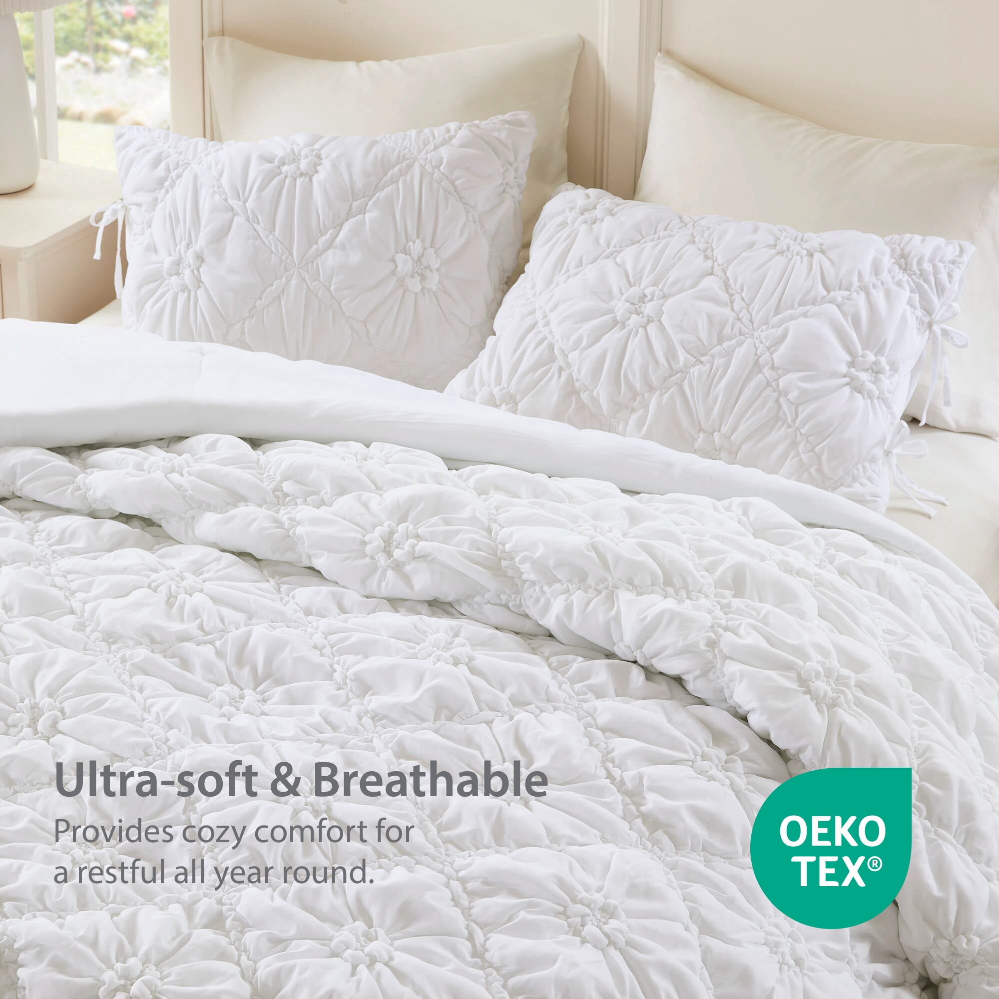 Regency Heights Twin/Twin-XL Textured Floral Comforter Set, Puffy Bow Tie Dorm Bedding Sets, 2-Piece White Elastic Ruching Comforter Bed Set with Sham for All Season