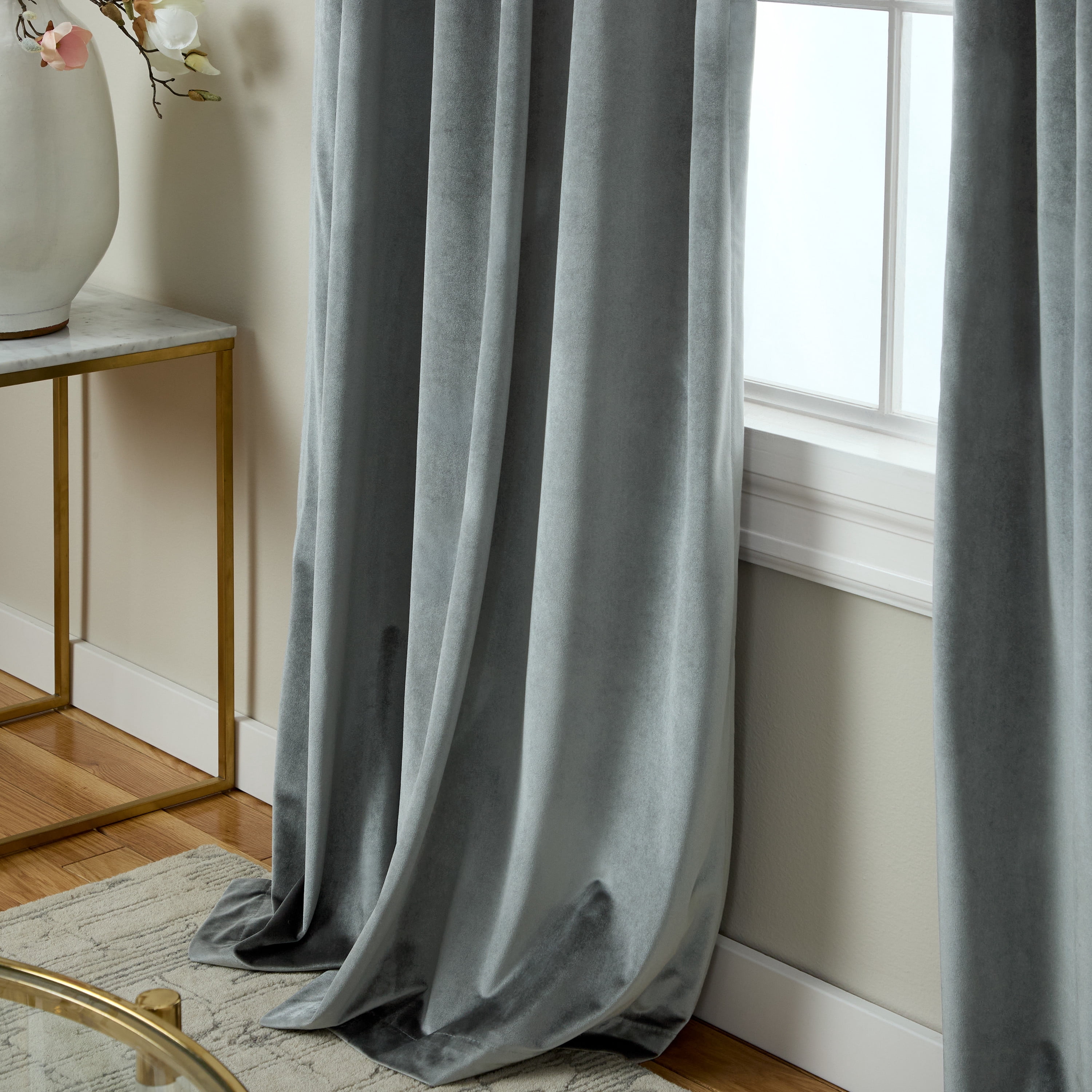 TOWN & COUNTRY LUXE Velour Solid Heavyweight Indoor Curtains, Light Filtering Opacity, Triple Pinch Pleat Top, Plush Velvet, 2-Pack Set, 27"x108", Soft Grey