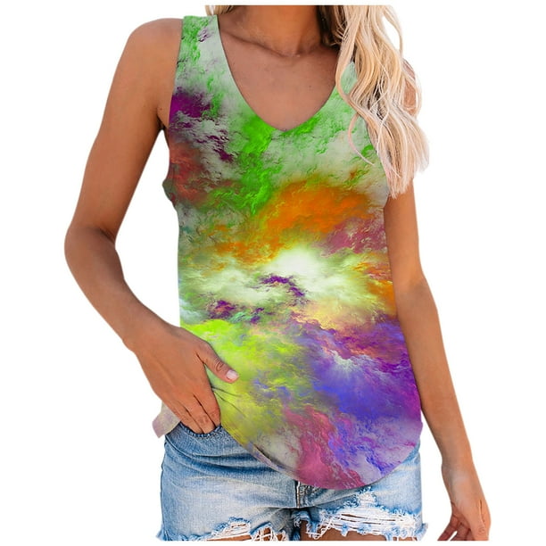 Blusa sin mangas con cuello en V y estampado teñido anudado a la moda para mujer Pompotops lopia995382