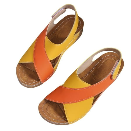 Winter Savings Holiday Deals 2024! Antqov Womens Sandals Comfortable Sandals for Women Flats Fashion Women Patchwork Casual Beach Summer Slippers Plus Size Sandals Shoes Yellow 11