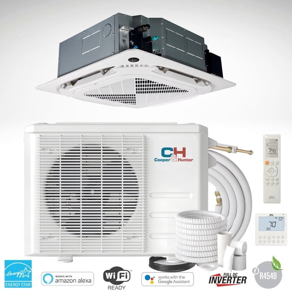 Cooper & Hunter 18000 BTU 230V Ceiling Cassette Mini Split Heat Pump Air Conditioner With 16ft Kit Cover 1000 Sq Ft
