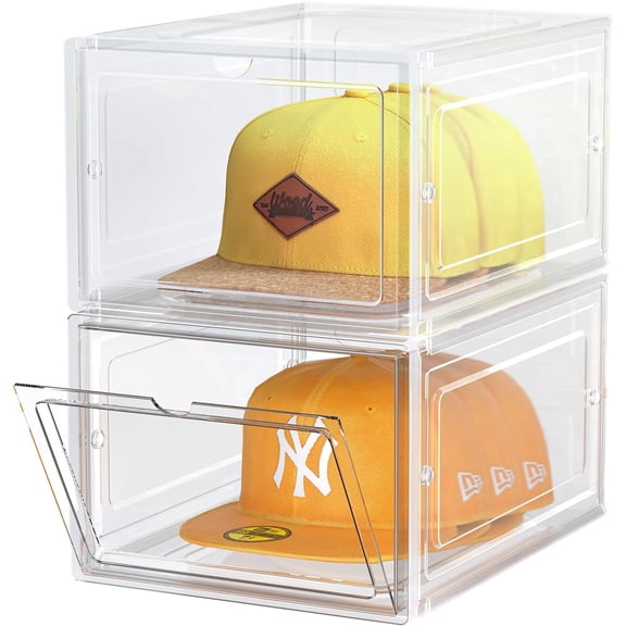 Hat Organizer Box, Stackable Clear Baseball Caps Holder Box Containers with Magnetic Door for Hats Snapback Cap Storag, Hat Rack Display Case, Holds 8 Hats Each (Clear, 2 Pack)