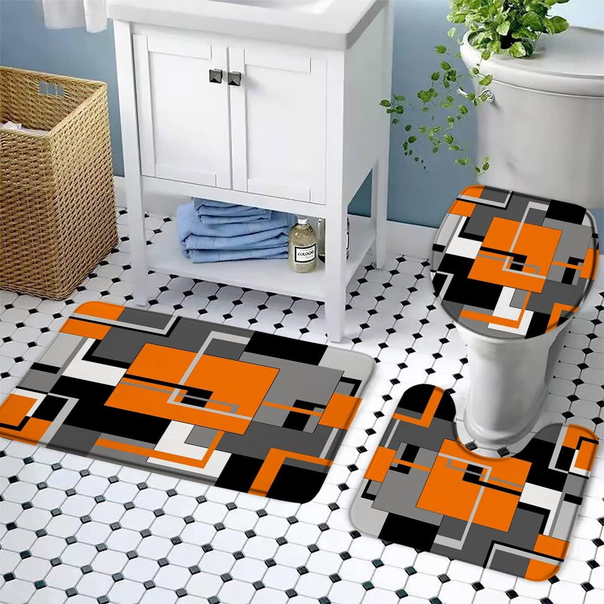 Abstract Geometric Bath Mat 3 Piece Set Bathroom Rug Orange Gray Black White Geometry Squares Contemporary Fashion Simple Modern Toilet Lid Cover Pedestal Rug U-Shaped Carpet