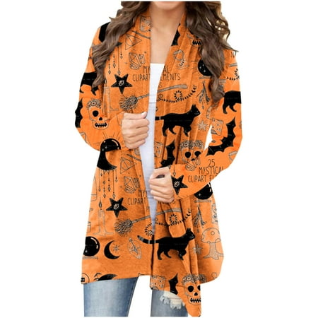 

Women Long Sleeve Halloween Animal Cat Pumpkin Print Cardigan Autumn Coat Blouse