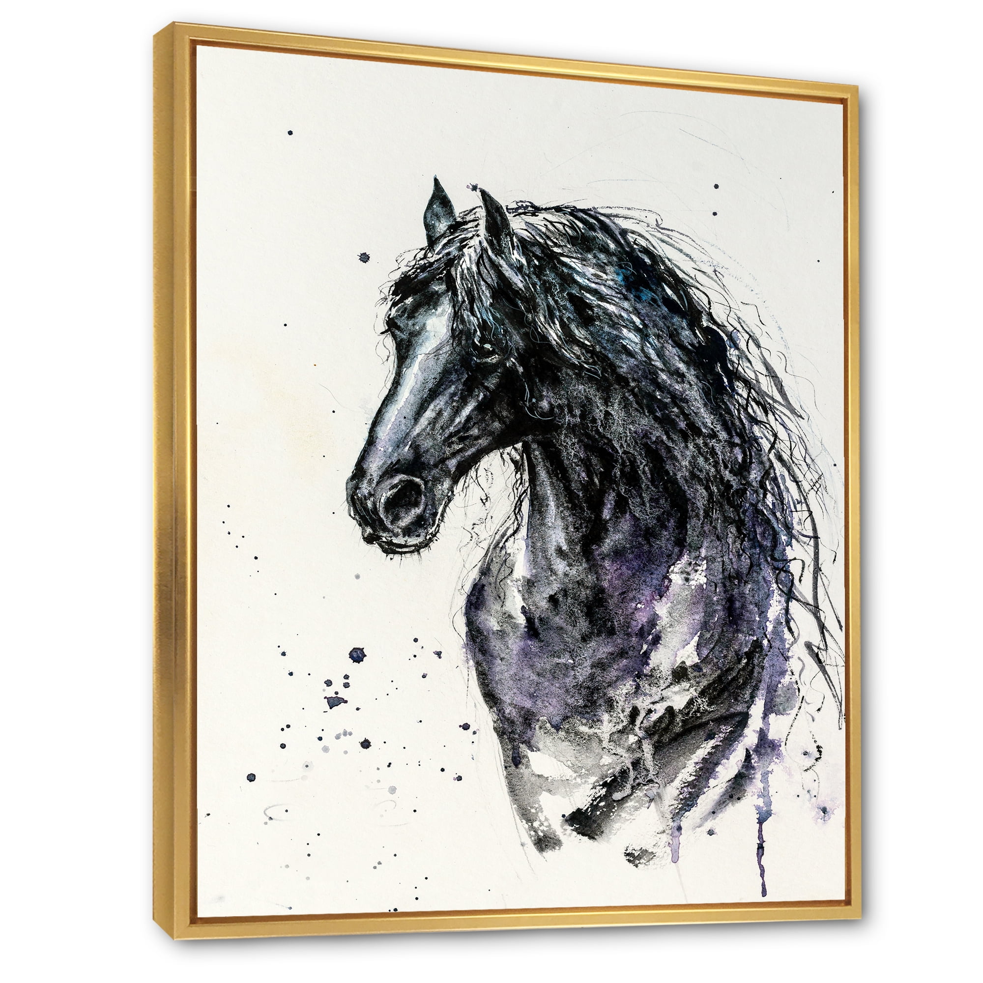 Designart 'Close Up of Friesian Horse With Long Manes' Farmhouse Framed Canvas Wall Art Print