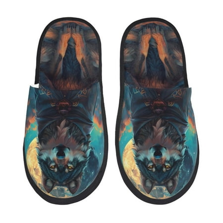 Balery Starry Sky Moon Wolf Leader Slient Indoor Furry Fleece Comfort House Shoes Soft Non-Slip Home Shoes Cotton slippers House Slippers-- Medium