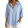 thumbnail image 4 of Qgtaibl Womens Striped Tunic Tops Trendy 3/4 Length Sleeve Lapel Half Button Down Shirts Lightweight Loose Fit Casual Blouse Light Blue S, 4 of 7