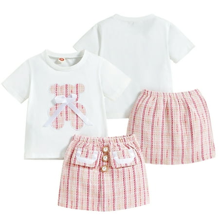 

WOLLED 2 PCS Toddler Girls Skirt Sets Baby Summer Short Sleeve T-Shirt Tops & Short Mini Skirts Set Outfits 18M-6Y