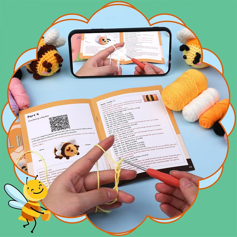 Beginner Crochet Kit, Bee Amigurumi Crochet Kit with Yarn, Hook, Stuffing and Tools, DIY Craft Kit to Make 2 Cute Plush Bees, Step-by-Step Crochet Project for Adults, Teens & Beginners, Handmade Gift