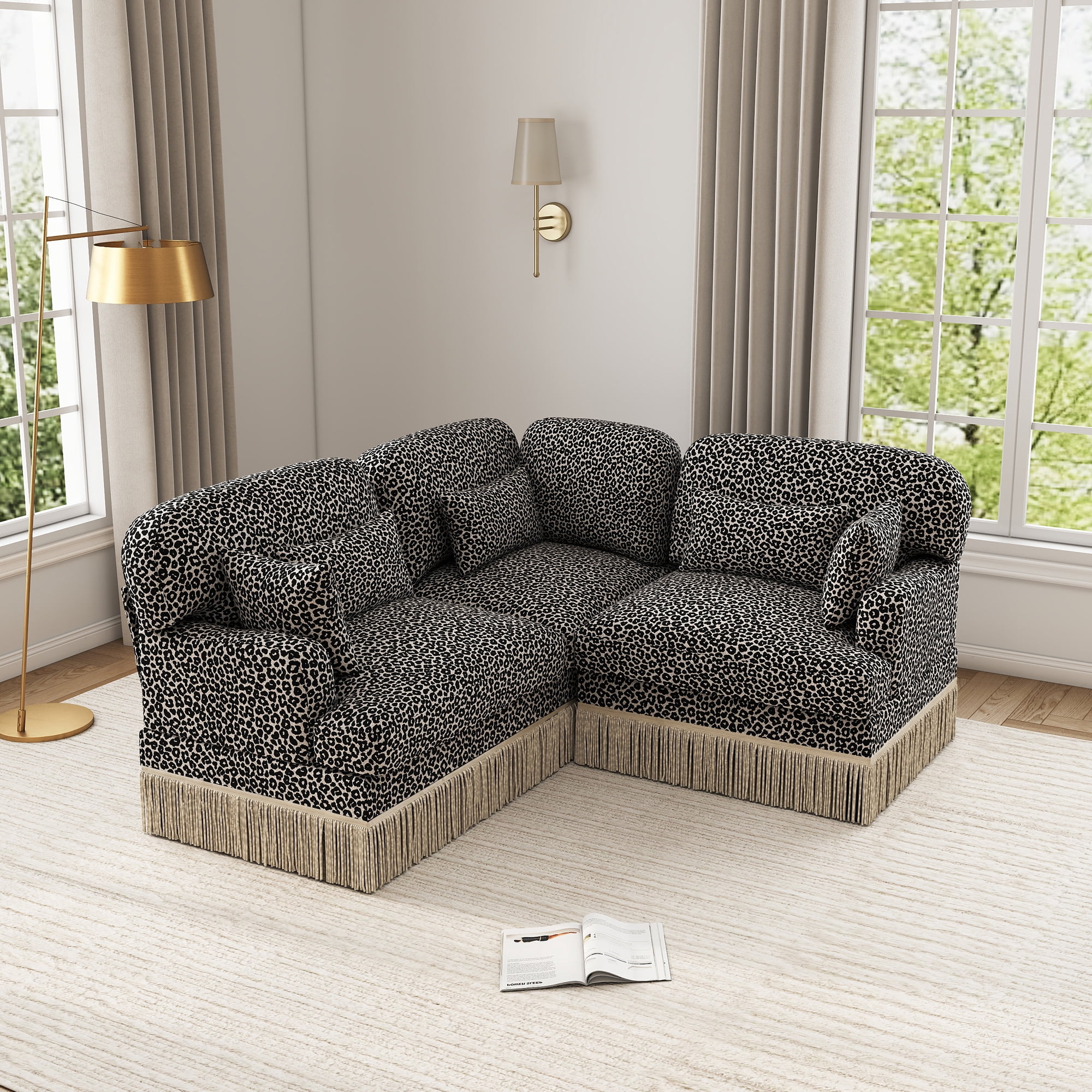 3 Seat Loveseat Sofa L Shaped Corner Couches Leopard Chenille Sofa Couches with Tassel and 2 Pillows