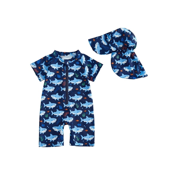BemeyourBBs Toddler Baby Boy Shark One Piece Swimsuit with Sun Cap Infant Boys Bathing Suit Short Sleeve Rash Guard Shark Print Short Sleeve Zip Up Swimwear Summer Beachwear