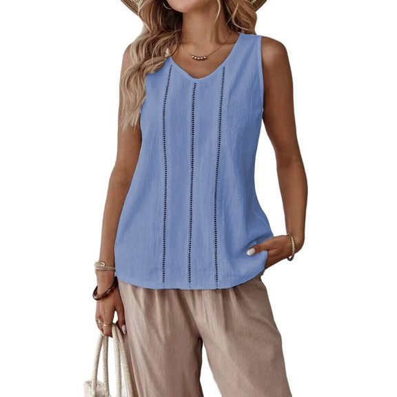 Linen Tank Tops for Women Summer Casual Loose V Neck Sleeveless Shirts Blouses Tunic Tops Sky Blue M