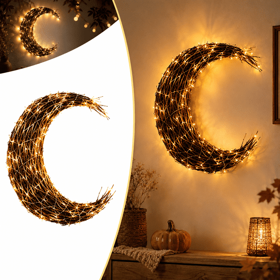Lighted Rattan Wreath Moon Shape Wall Decor LED Glowing Crescent Garland Room Decor for Front Door Bedroom Boho Home Accent