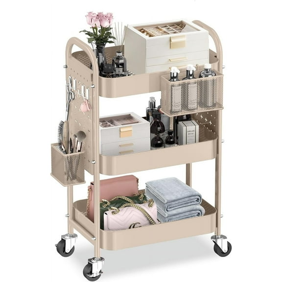 3 Tier Rolling Cart with DIY Pegboards Metal Utility Cart with Wheels Handles Baskets Hooks, Craft Cart for Office Kitchen Bathroom(Khaki)