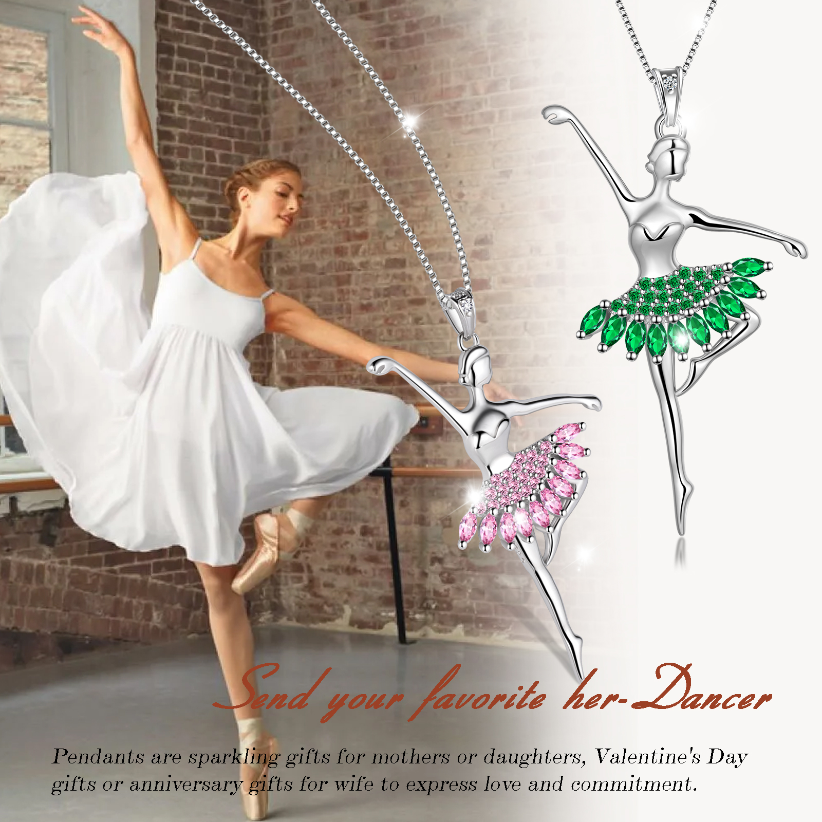 Juwaliy Pink Ballet Dancer Pendant Necklace, 925 Silver photo 2