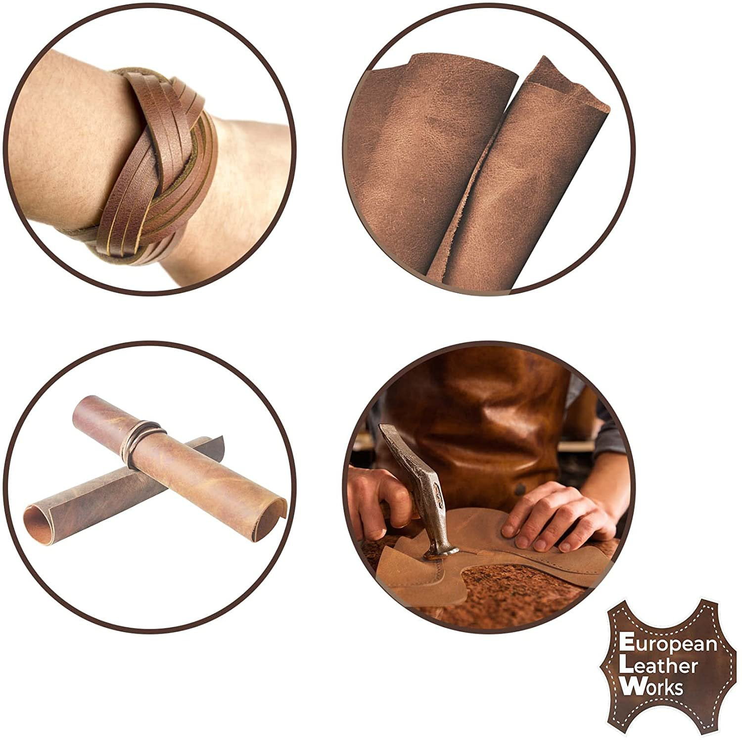 European Leather Work 9-10 oz. (3.6-4mm) Oil-Tanned Leather Scraps Size: 2  LB - Bourbon Brown Cowhide Full Grain Leather for Tooling, Accessories