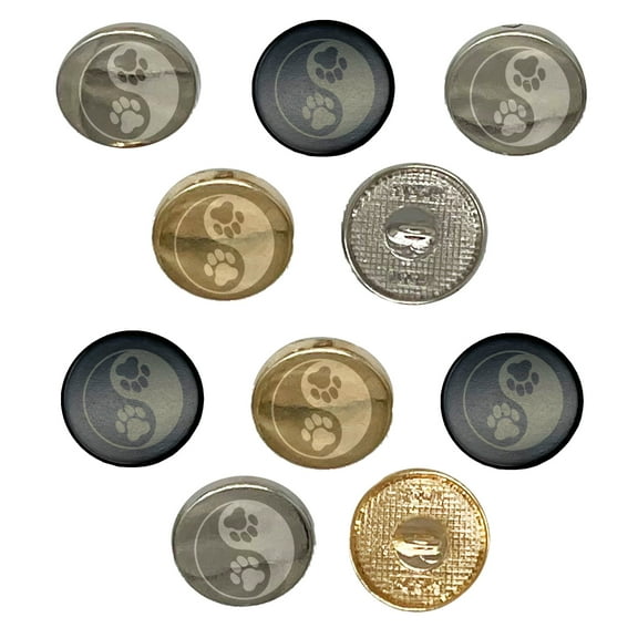 Paw Prints Yin Yang Cat Dog Set of 10 Metal 0.6" (15mm) Sewing Shank Round Buttons - Silver Color