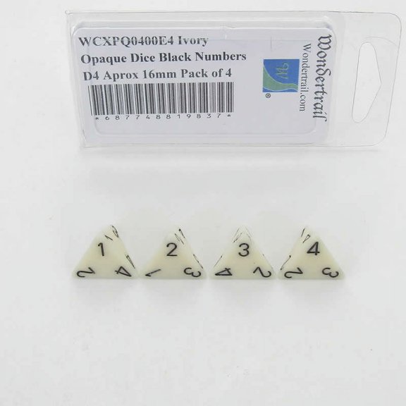 Ivory Opaque Dice with Black Numbers D4 Aprox 16mm (5/8in) Pack of 4 Wondertrail