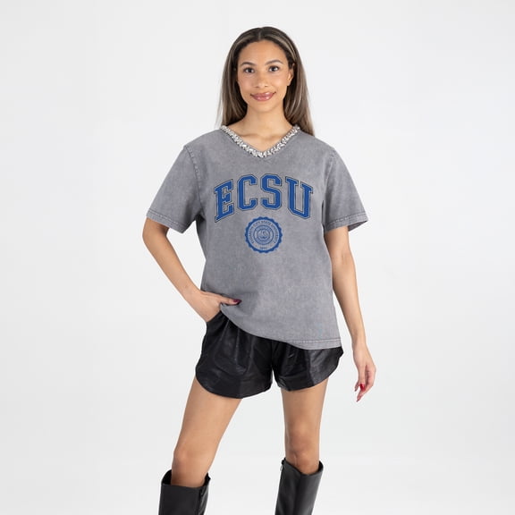 Women's Gameday Couture Gray Elizabeth City State University Vikings Iconic Edge Rhinestone V-Neck T-Shirt