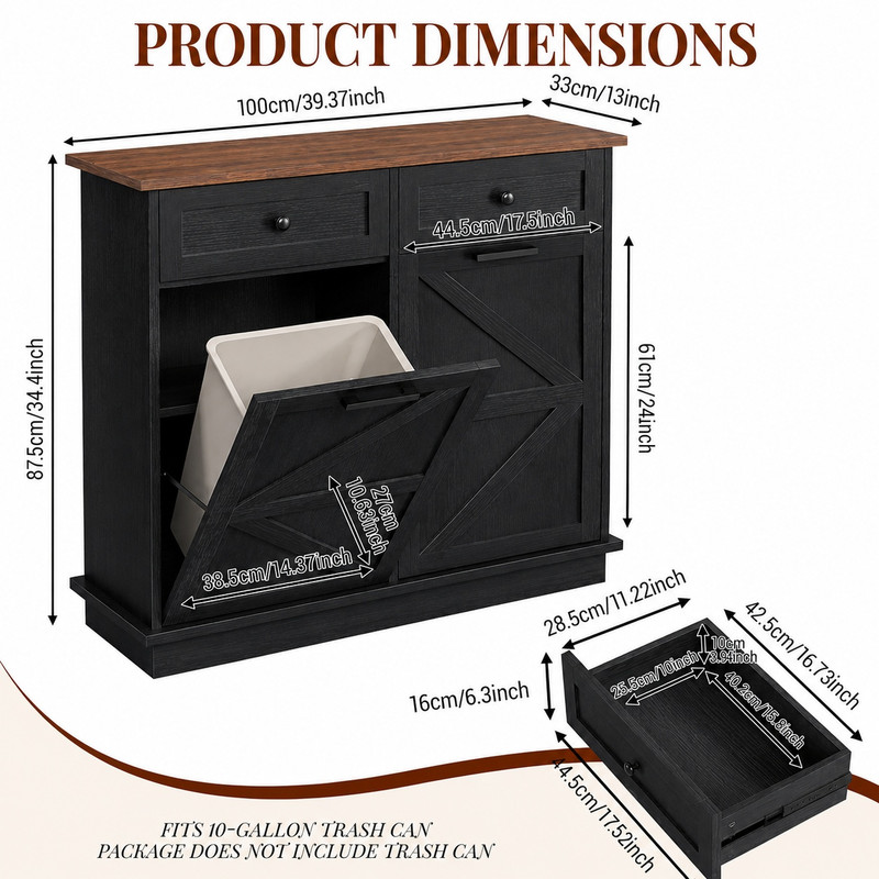 39''W Tilt Out Trash Can Storage Cabinet with 2 Drawers, Farmhouse Kitchen Island with Double 10-Gallon Trash Hidden Cabinet