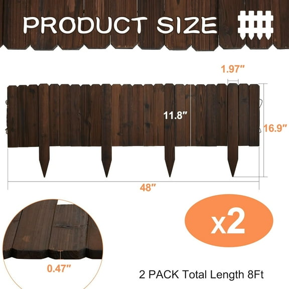 Wooden Garden Fence Edging Border for Flower Beds, 11.8'' H x 48'' L (3 Pack, 12 Ft Total) -  & Decorative Landscape Fencing