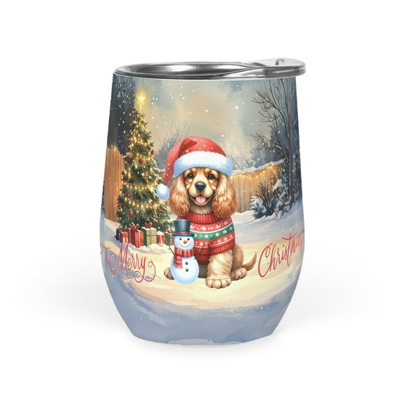 Merry Christmas Woofmas Xmas Noel Cocker Spaniel Santa Snowman 12oz Stainless Steel Wine Tumbler Insulated Cup with Lid Cockers Dog Lover Gifts - 13016