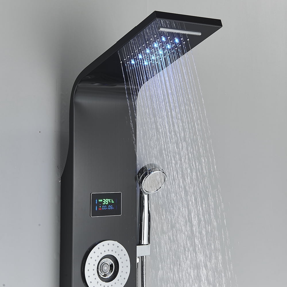 Black LED Shower Panel Tower Rain Shower System Massage Body Jets Faucet Mixer