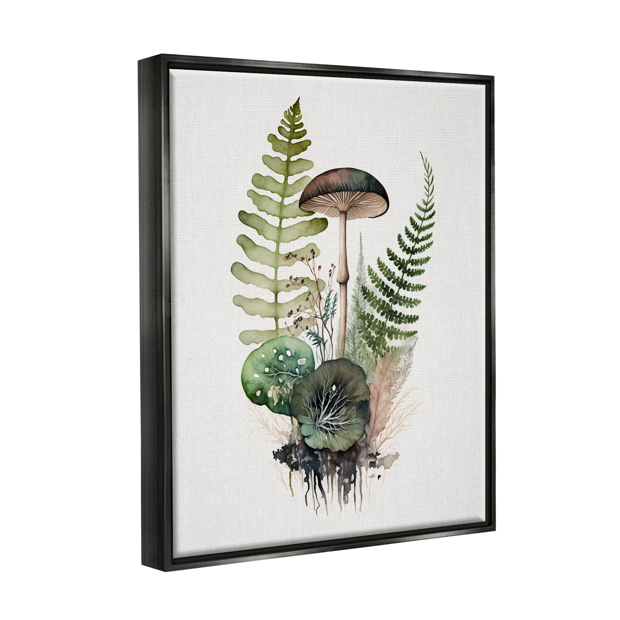 Stupell Industries Mushroom & Ferns Nature Botanical & Floral Painting Black Floater Framed Canvas Art Print Wall Art, 17 x 21