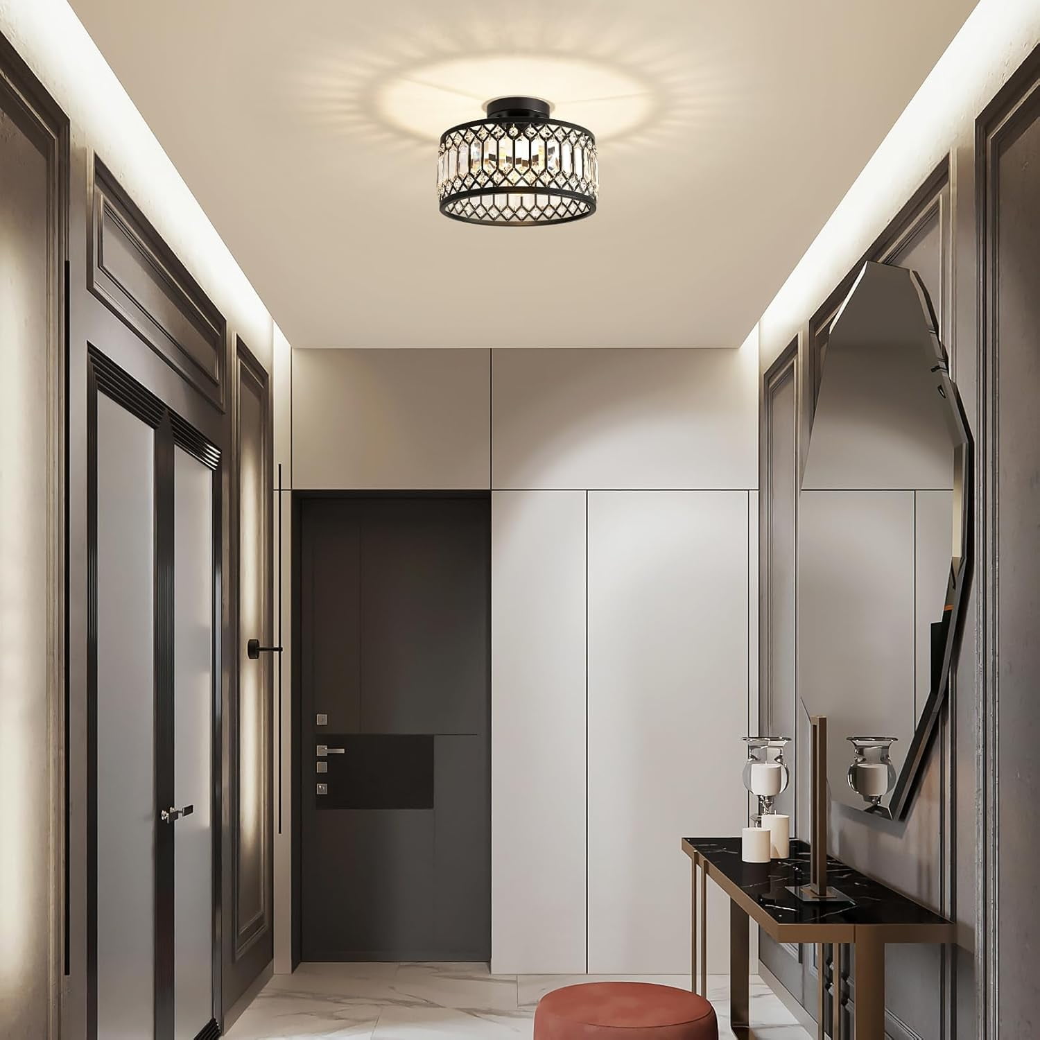 Laybasic Crystal Ceiling Light Fixture, 9" Black Modern Semi Flush Mount Ceiling Light, Mini Chandelier for Kitchen Bedroom Bathroom Entryway Hallway (Bulb not Included)
