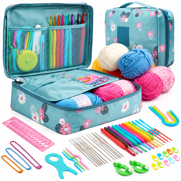Crochet Set for Beginners – 59-Piece All-in-One Knitting Kit with Yarn, Hooks, Instructions & Portable Storage Bag
