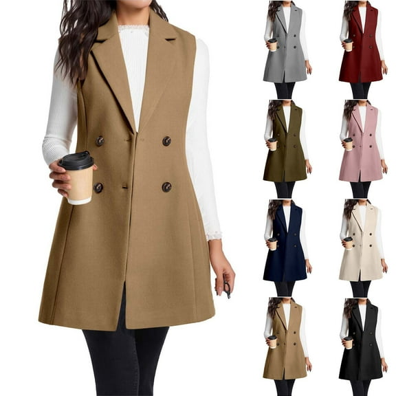 Miluxas Womens Wool Long Vest Sleeveless Lapel Double Breasted Fall Winter Coats Jackets White XL(XL)