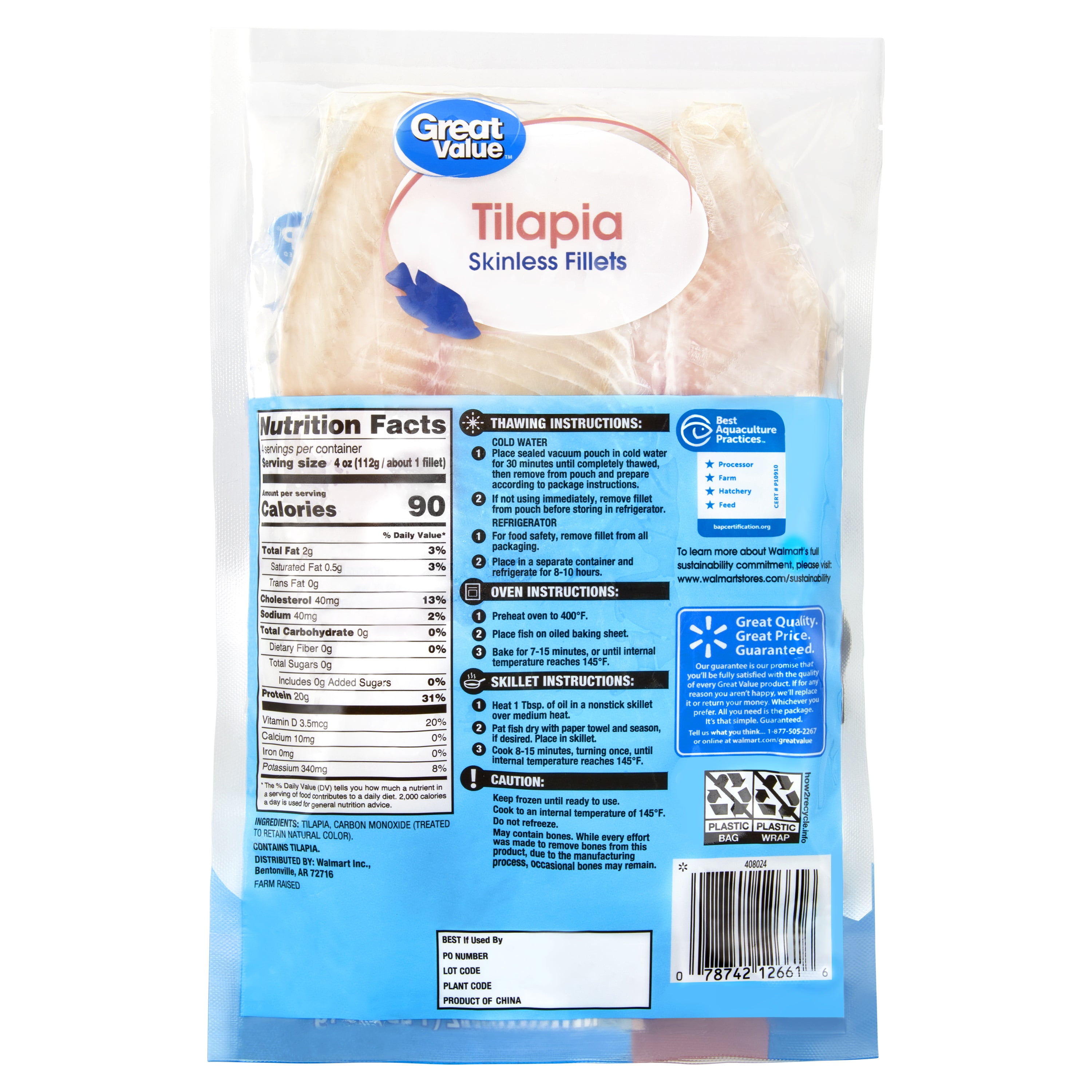 Great Value Frozen Tilapia Skinless and Boneless Fillets, 1 lb