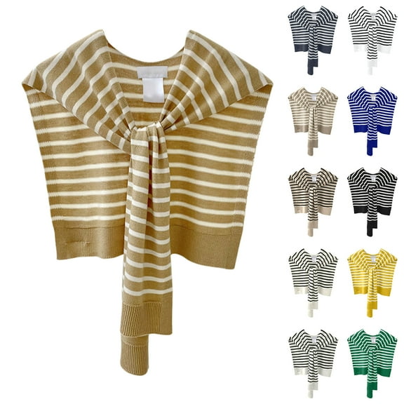 Youpwaven Women's Striped Knitted Shoulder Wrap Shawl, Versatile Tie-Front Fake Collar Shrug, Decorative Soft Knit Cape Scarf, Stylish Layering Accessory for Shirts and Dresses