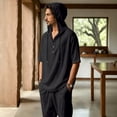 thumbnail image 5 of Men's Beach Outfit 2 Piece Linen Casual Button Down Henley Shirt Short Sleeve Loose Drawstring Hoodie and Harem Pants Vacation Sets for Men Size 3XL Black, 5 of 9