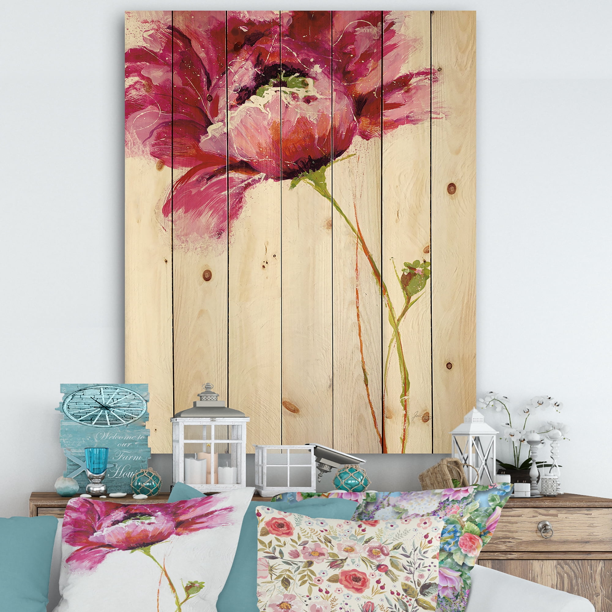 Designart 'Big Red Blossoms' Floral Print on Natural Pine Wood