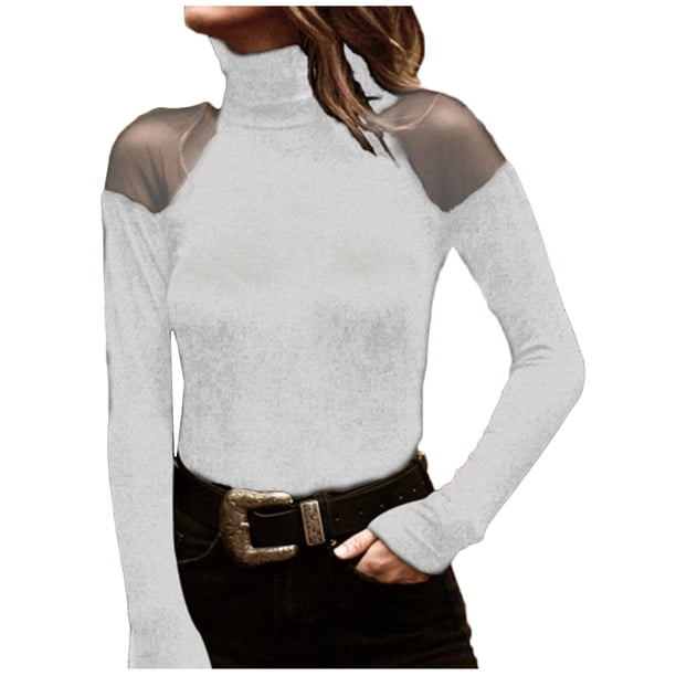 Mujeres Sexy Slim Net Yarn Empalme Sólido Casual Mangas largas Cuello alto Camisas Blusas Tops Pullover Fridja hkj3462
